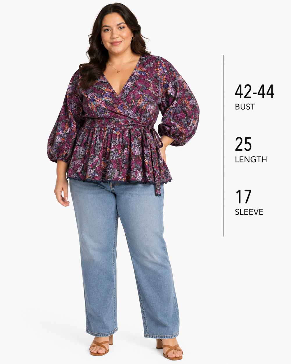 Kika Vargas for Target Plum Floral Wrap Style Puff Sleeve Scalloped Hem Top XL